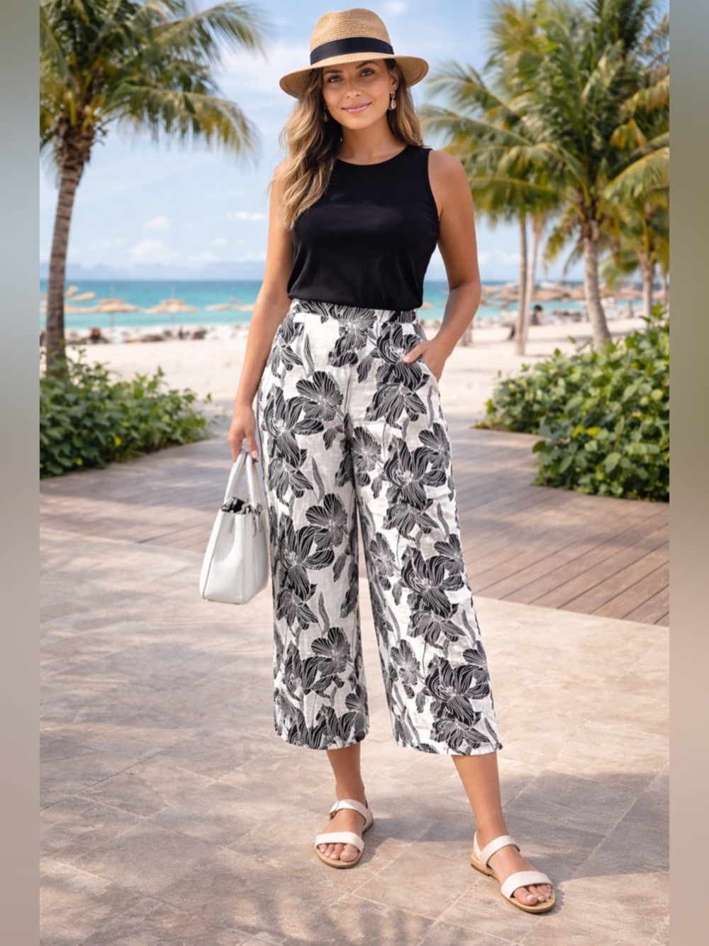 Tahari Black and White Floral Linen Wide-Leg Pants Sz XL Cruise Vacation Ready
